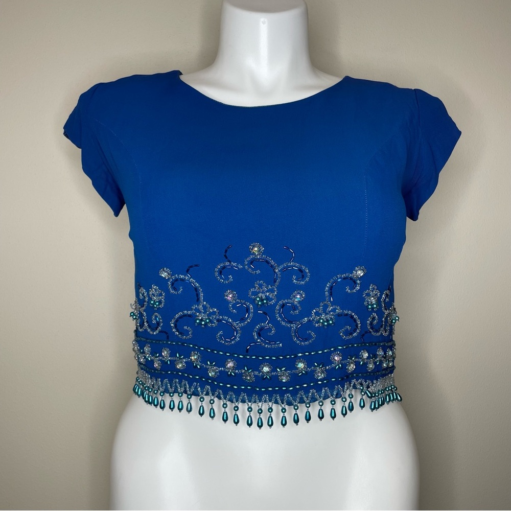 Vintage 60s Royal Blue Embellished and Beaded Lined Crop Top